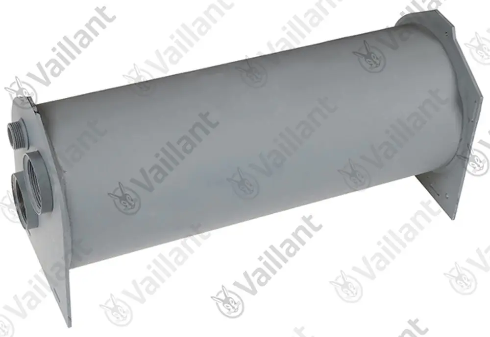 Grauester Vaillant-Wärmetauscher mit zwei Anschlussöffnungen, rechteckiger Wandbefestigung und zylindrischer Form.